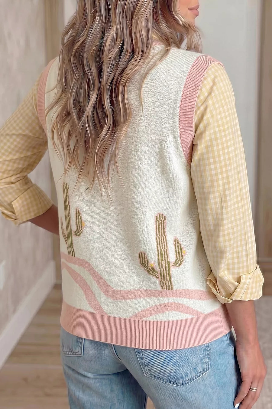 Color Block Cactus Pattern Western Sweater Vest in this colorway