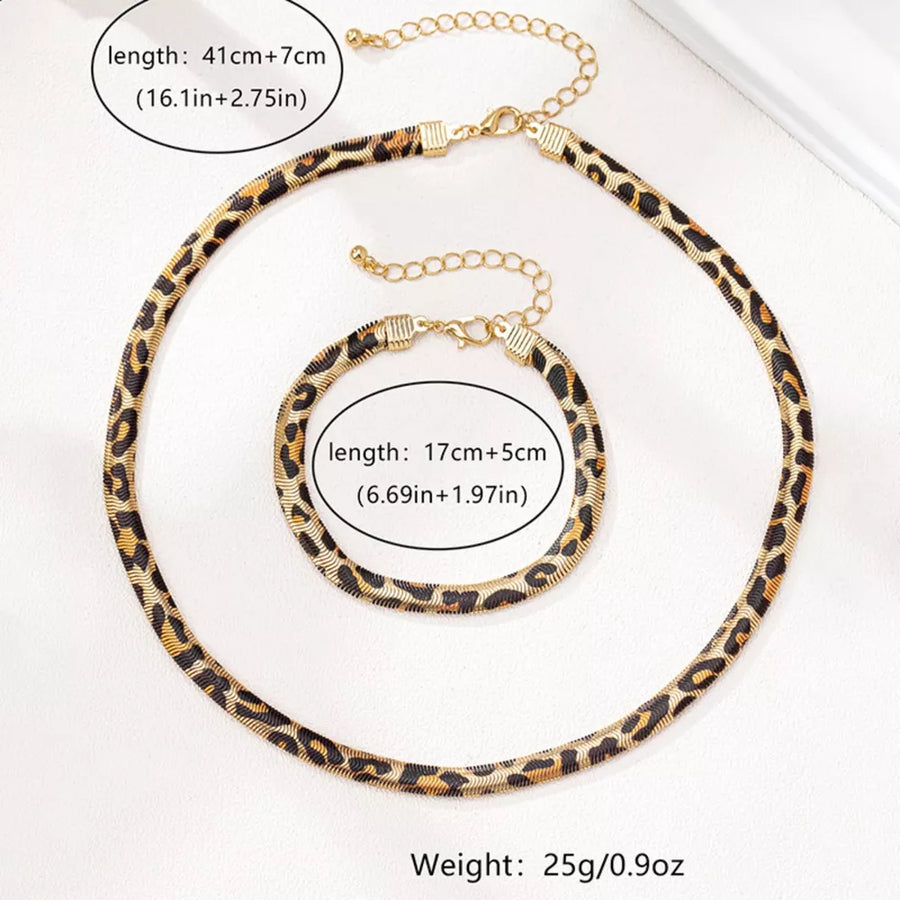 jewelry set in brown with leopard-print and gold-plated