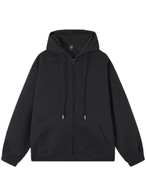 Black casual zip-up hoodie with drawstring hood and front pocket