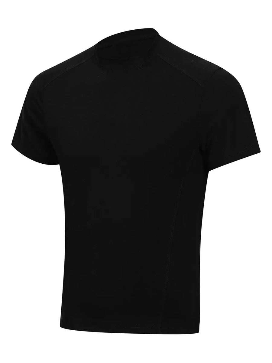 Black athletic fit mock neck t-shirt with short sleeves and a cotton blend material.