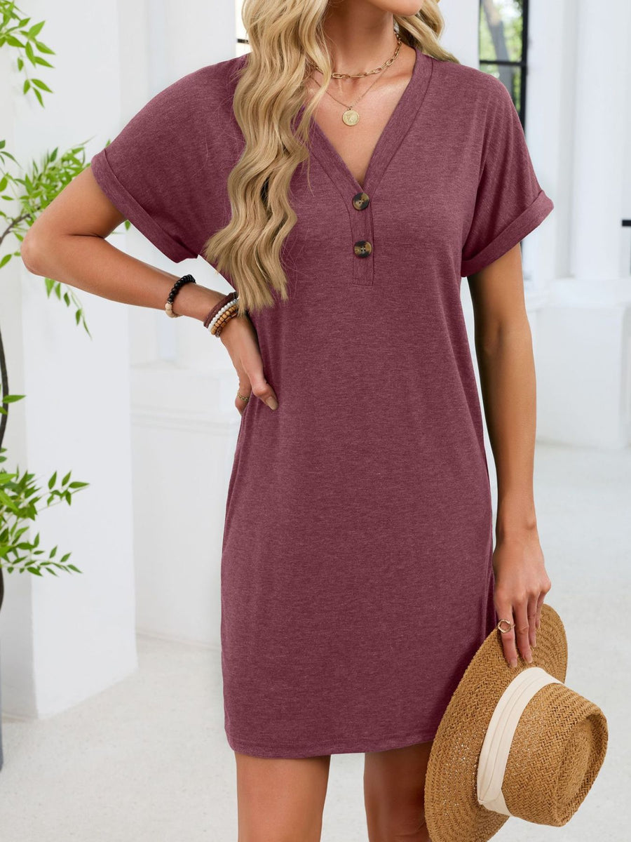 Wine Red V-neck t-shirt dress with decorative buttons and cuffed short sleeves.