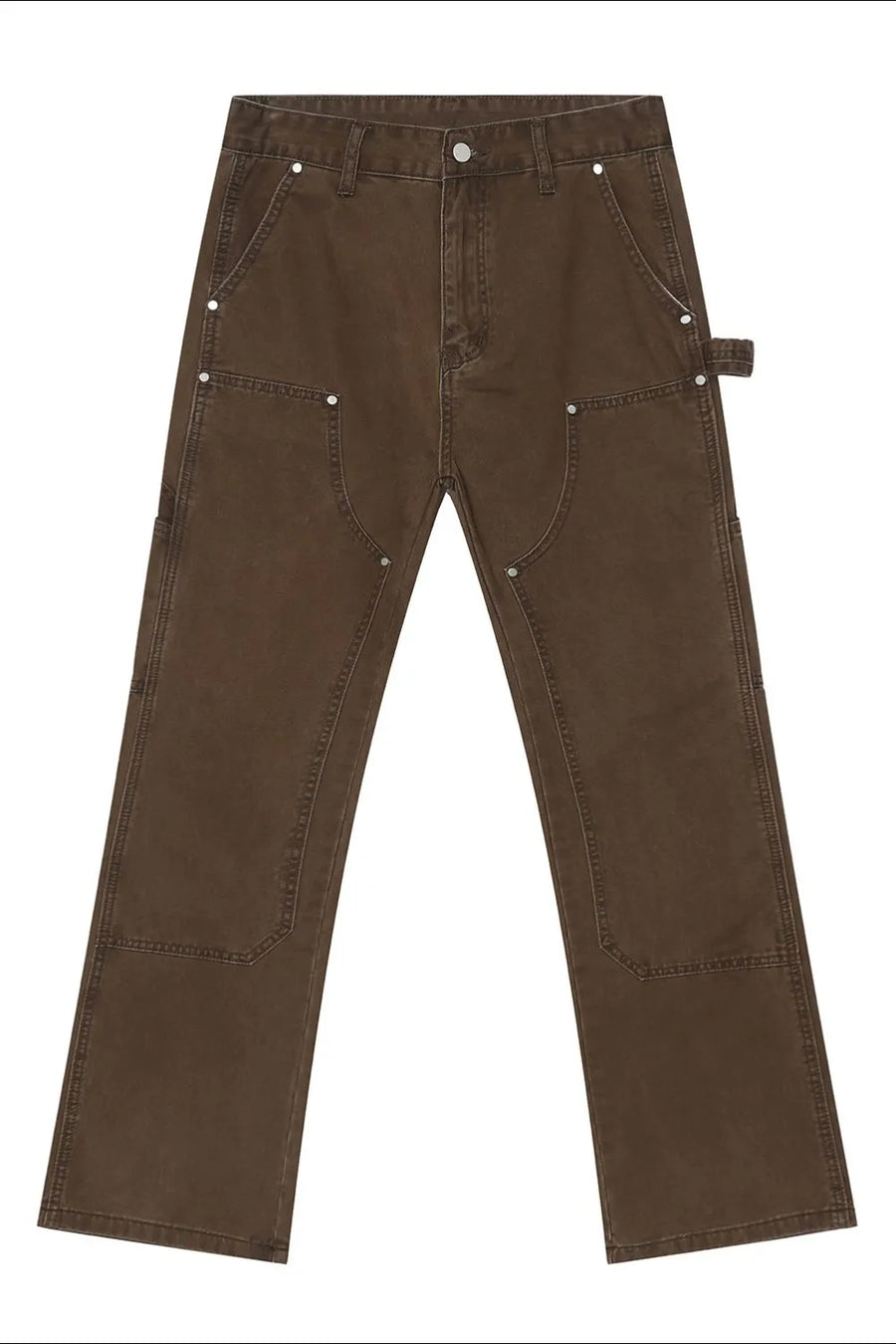 Chocolate wide leg carpenter pants with utility seams and silver hardware.