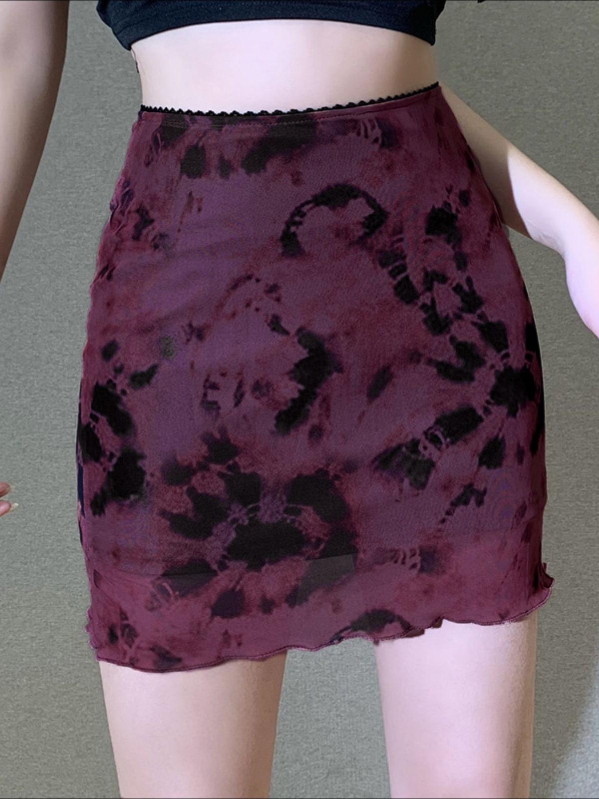 Mesh bodycon mini skirt in burgundy tie-dye with scalloped hem