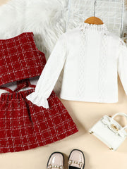 Toddler red plaid vest and white lace long sleeve top set with ruffled cuffs.