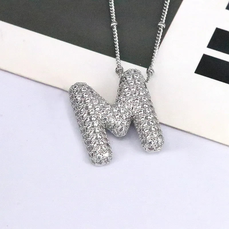 Pave initial pendant necklace with beaded chain, Style M