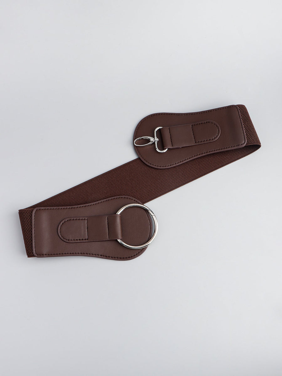 Brown elastic cincher belt with sculpted faux leather ends and silver buckle detail