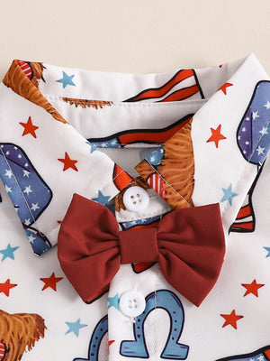 Toddler patriotic print shirt with attached red bow tie and white buttons.