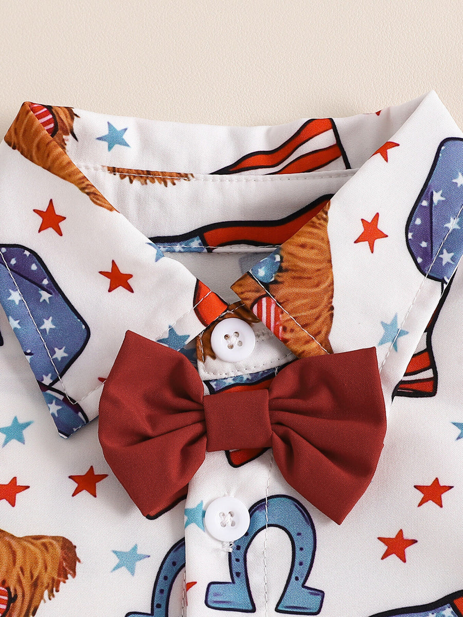 Toddler patriotic print shirt with attached red bow tie and white buttons.