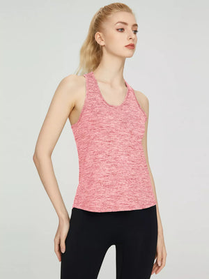 Pink heathered racerback tank top with a V-neckline.