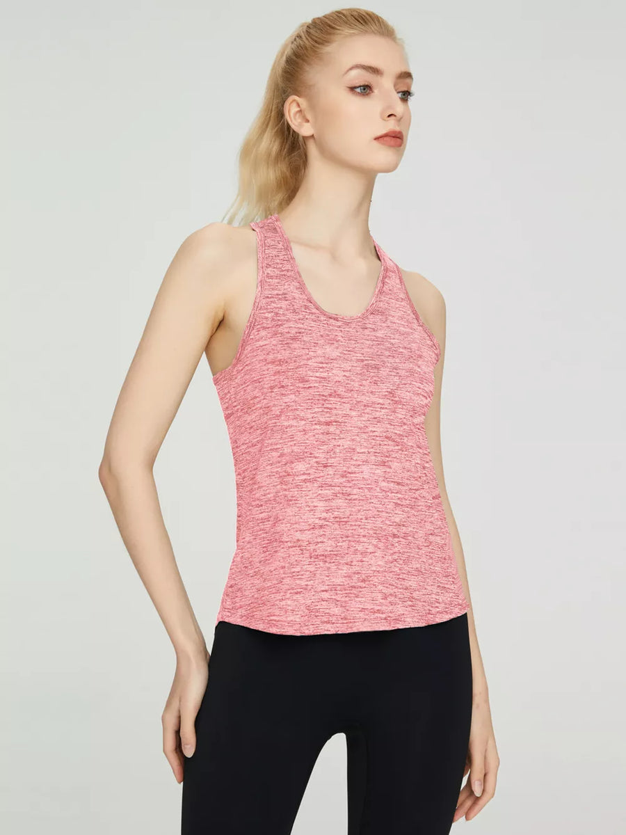 Pink heathered racerback tank top with a V-neckline.