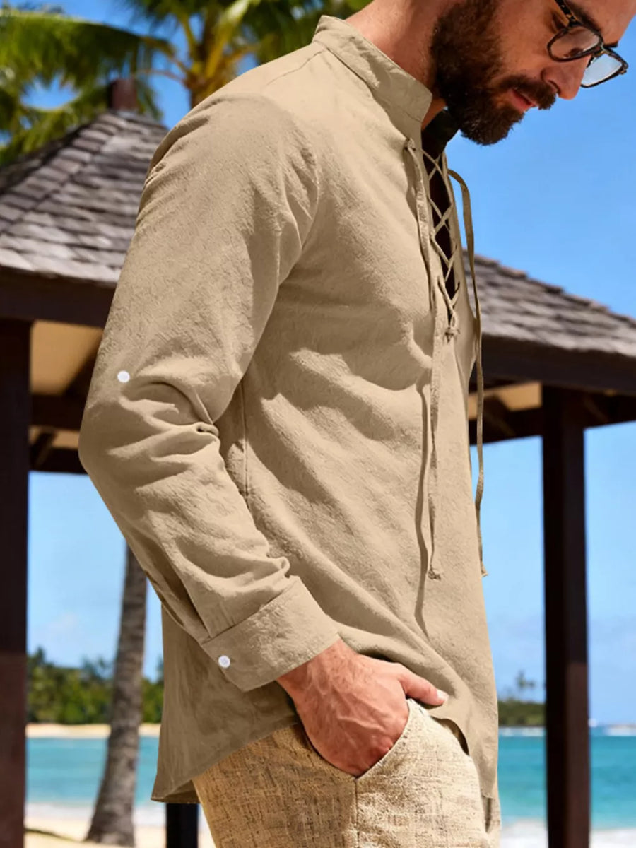 Khaki linen lace-up shirt with band collar and buttoned cuffs