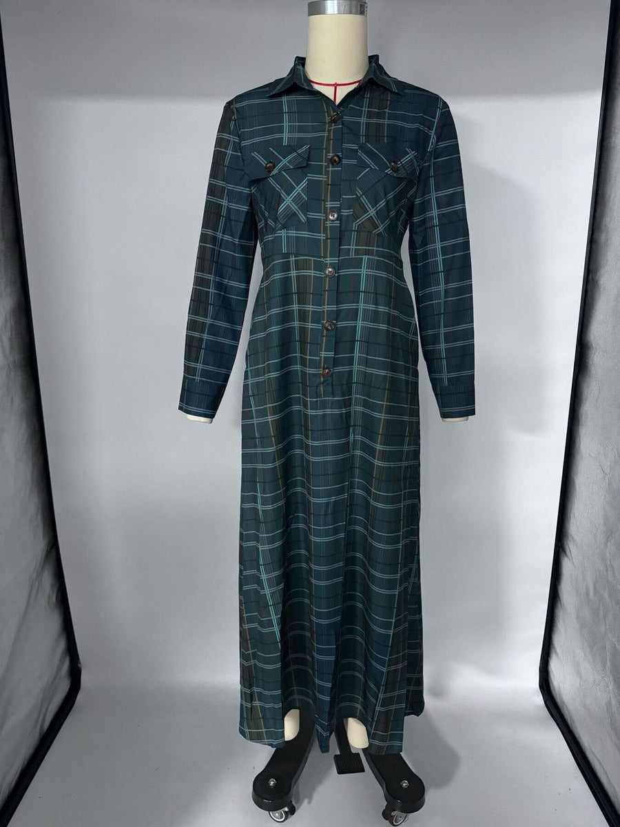 Dark Green shirt dress with maxi and button-front