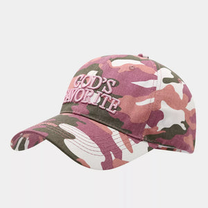 olive green cap featuring embroidered text and camo
