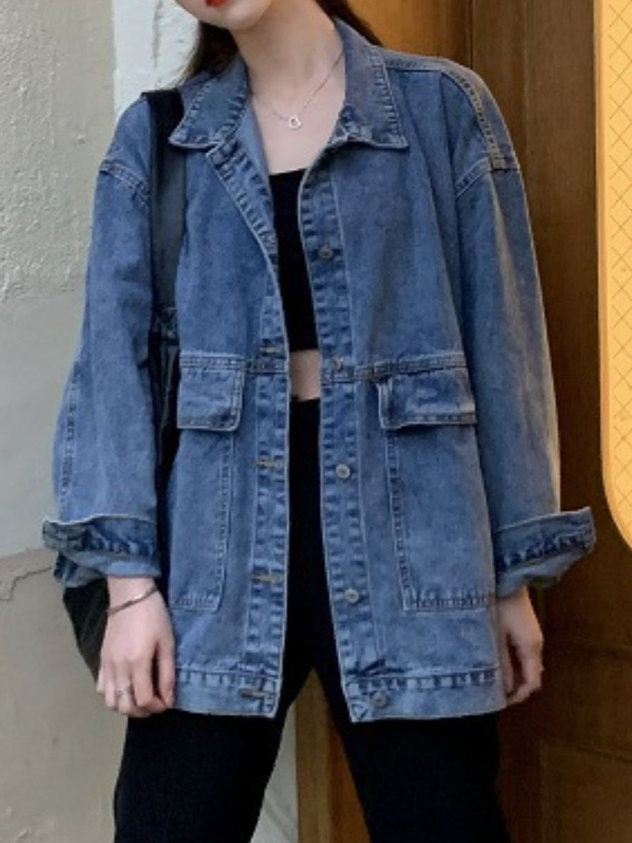 medium wash blue denim jacket with hip-length and button-front