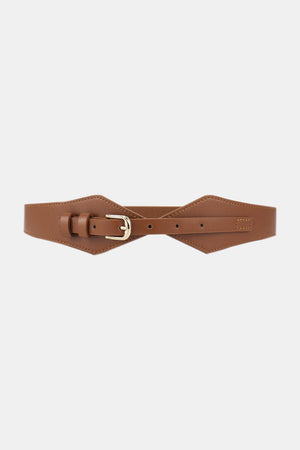 Brown leather belt with geometric shape and gold buckle