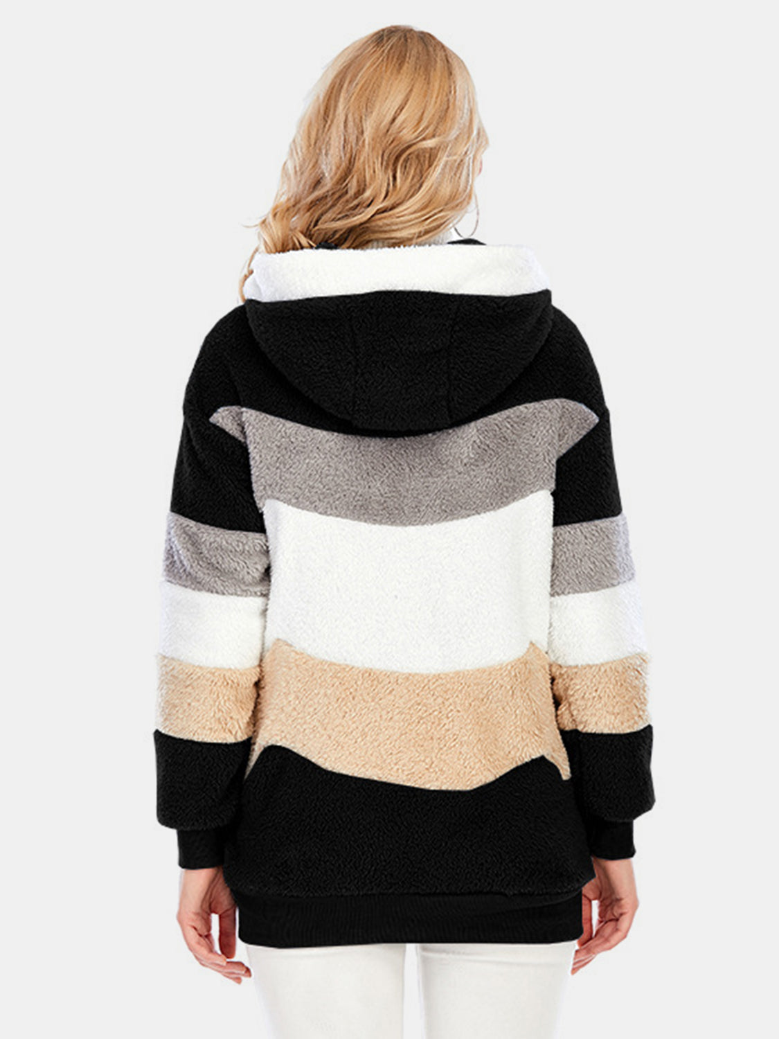 Teddy fleece zip-up hoodie with color block pattern in black, grey, white, and taupe.