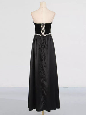 Black with Lace Up Back Tube Maxi Dress in Black