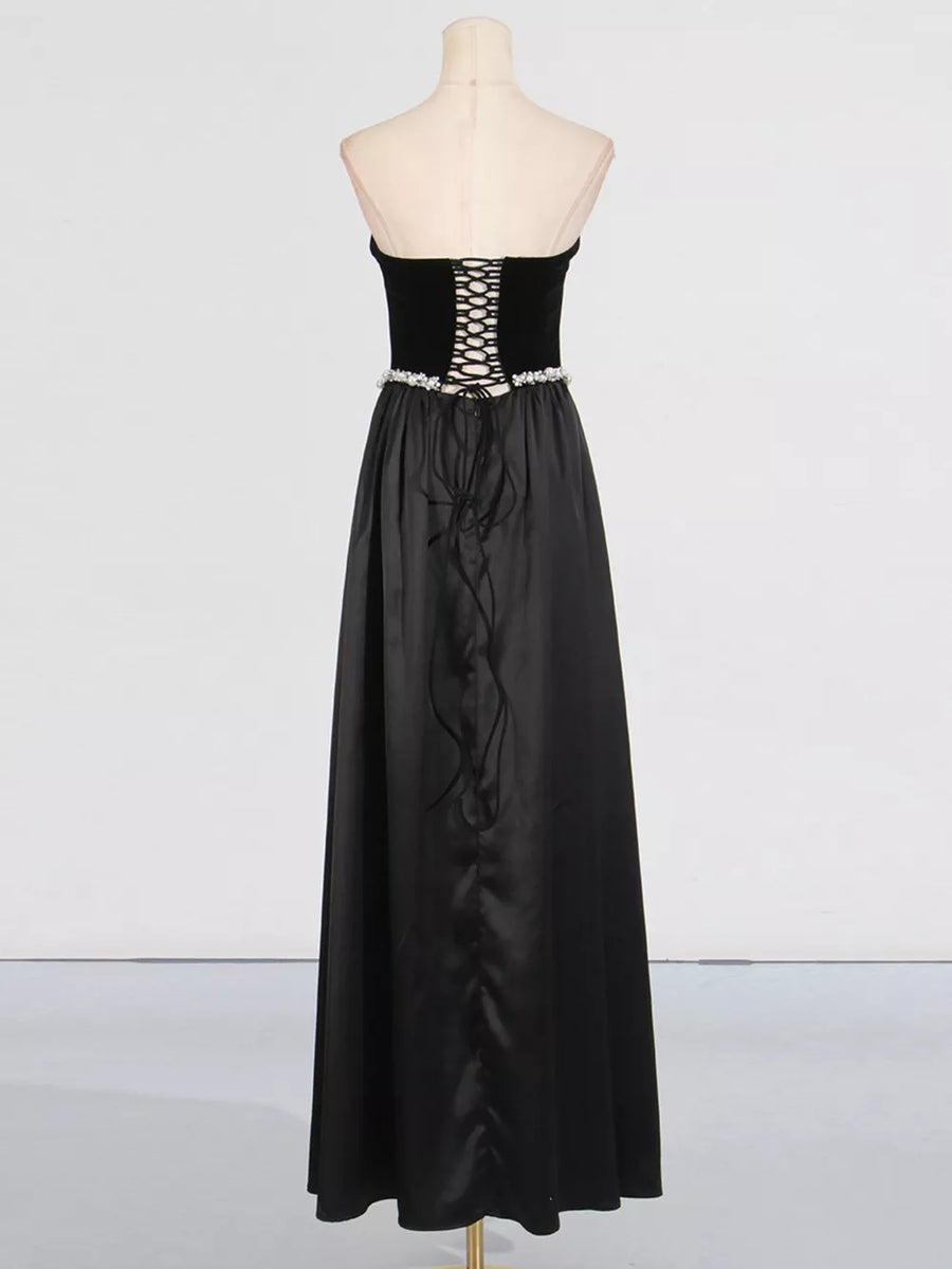 Black with Lace Up Back Tube Maxi Dress in Black