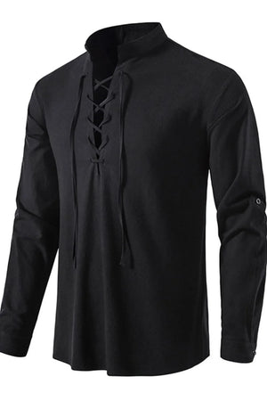 Black linen henley shirt with lace-up collar and long sleeves