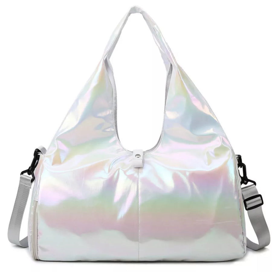 Iridescent white PVC large capacity convertible bag with adjustable strap and comfortable handle.
