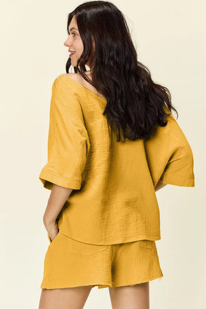 Gold textured cotton half sleeve top and drawstring shorts set with frayed hem shorts.
