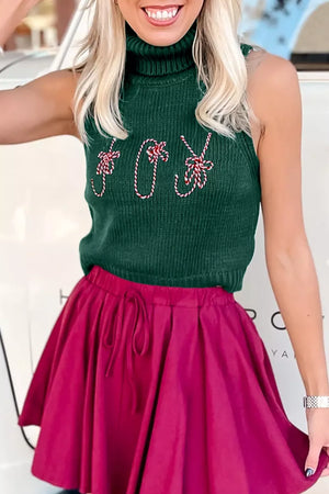 Dark Green with Festive Candy Cane Embroidered Turtleneck Sweater Vest in Dark Green