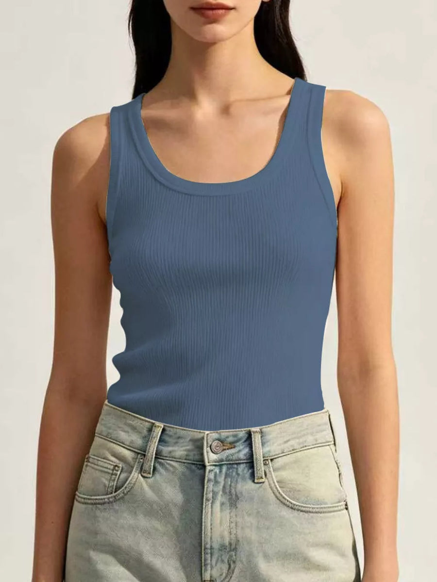 Ribbed Knit U-neck Tank in Gray