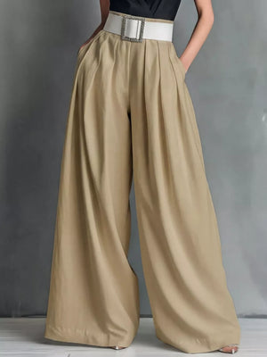 Khaki belted high-waisted wide-leg maternity pants with a decorative buckle.