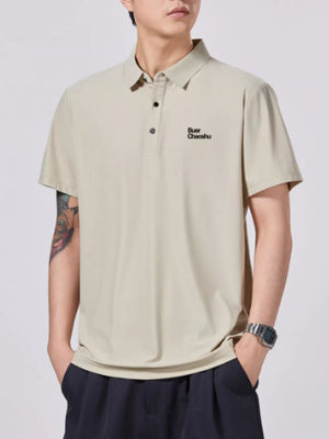 Apricot short-sleeve cotton polo shirt with button detail and embroidered logo