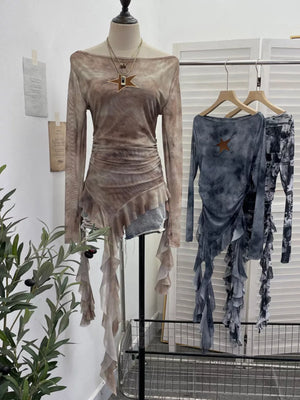 Taupe asymmetrical ruffle hem t-shirt with ruched detail and star cutout.