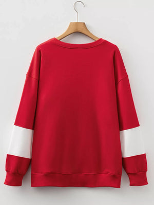Scarlet sweatshirt with white sleeve bands and drop shoulders.