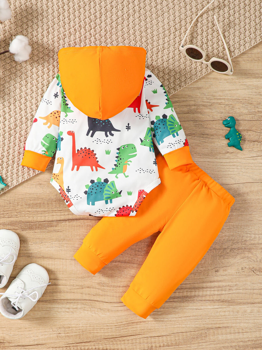 bodysuit in Orange with dinosaur-print and hooded