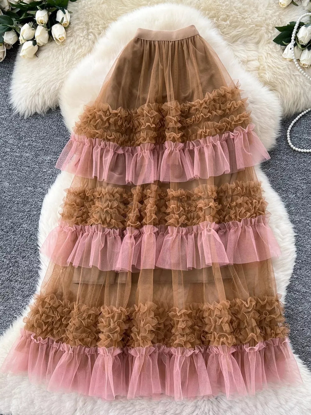 Brown and pink tiered tulle skirt with ruffle details