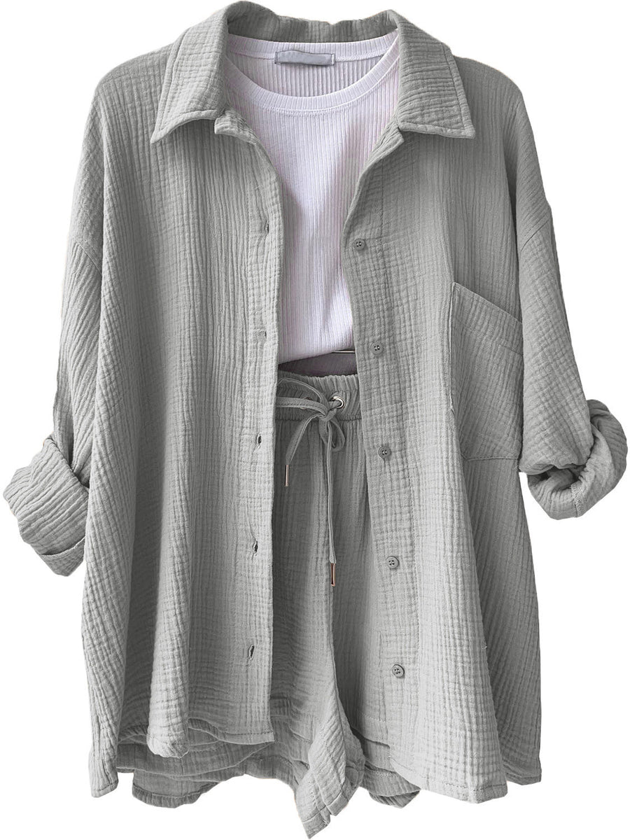 Light Gray textured gauze shirt and shorts set with drawstring waist and button front.