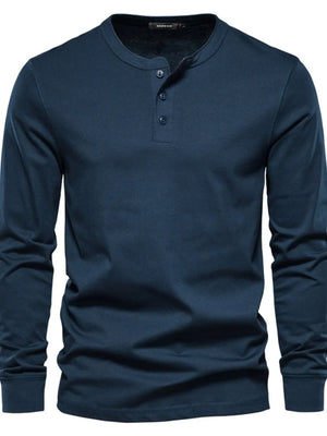 Navy blue Henley knit long sleeve tee with three button placket.