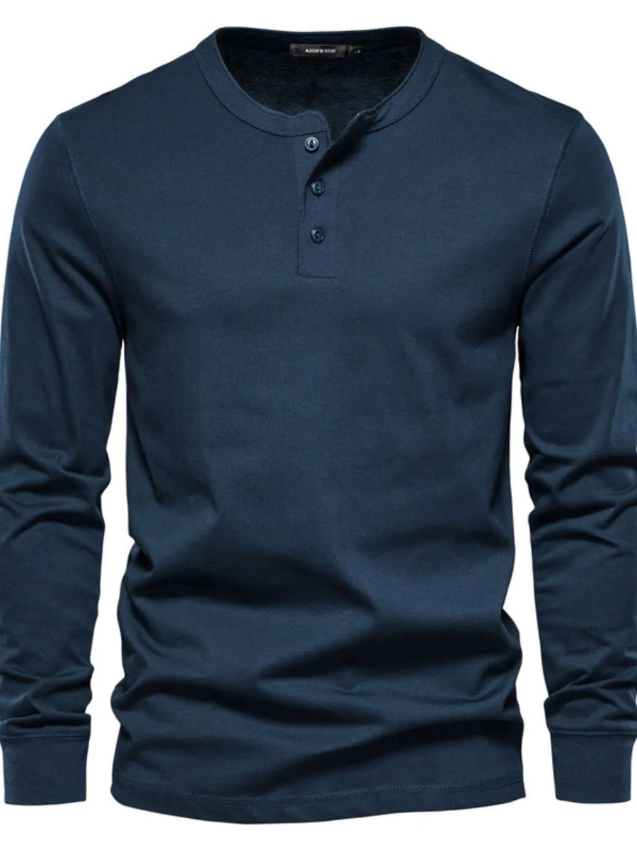 Navy blue Henley knit long sleeve tee with three button placket.