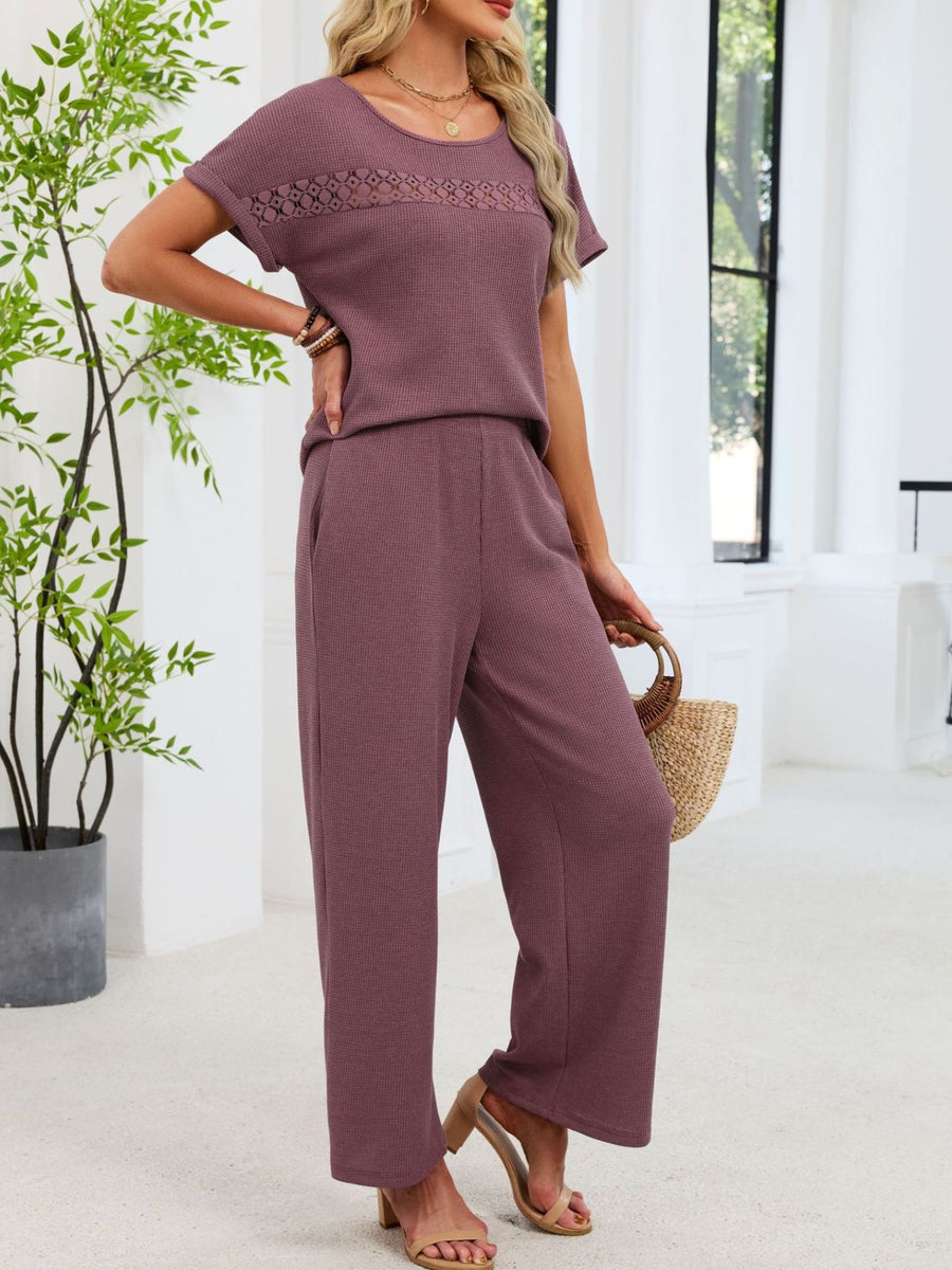 Plum purple lace cutout two-piece set with waffle knit texture and wide leg pants