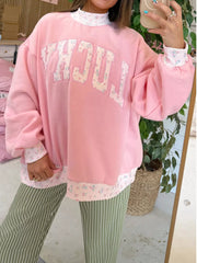 High Neck Floral Patch Embroidery Sweatshirt in Blush Pink