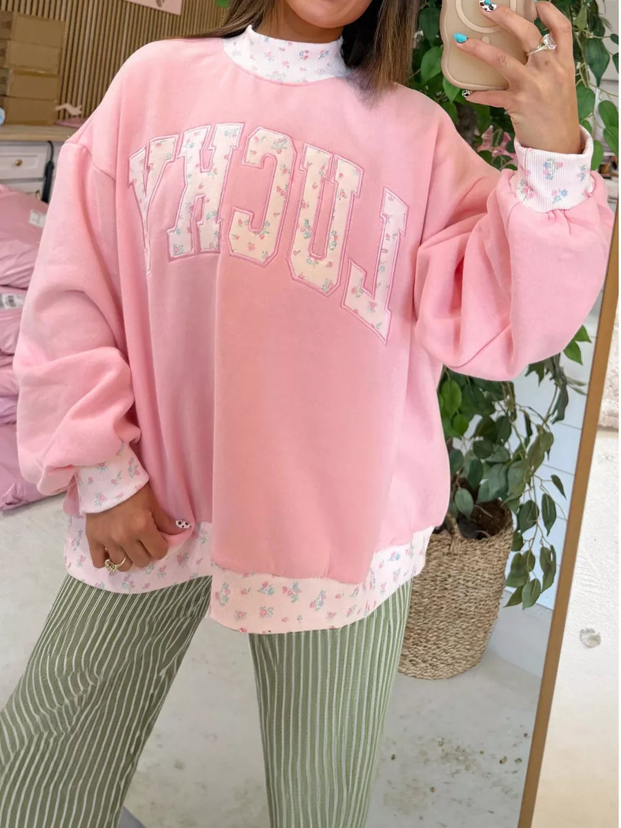 High Neck Floral Patch Embroidery Sweatshirt in Blush Pink