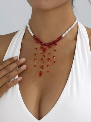 Deep Red with 18k Gold-plated Synthetic Pearl Dangle Necklace