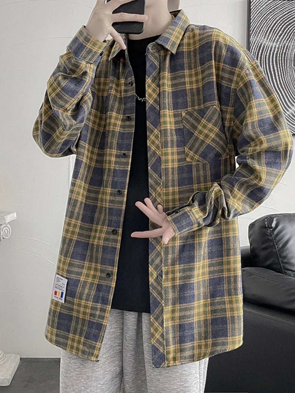 Dark Gray Men's Plus Size Plaid Button Up Shirt