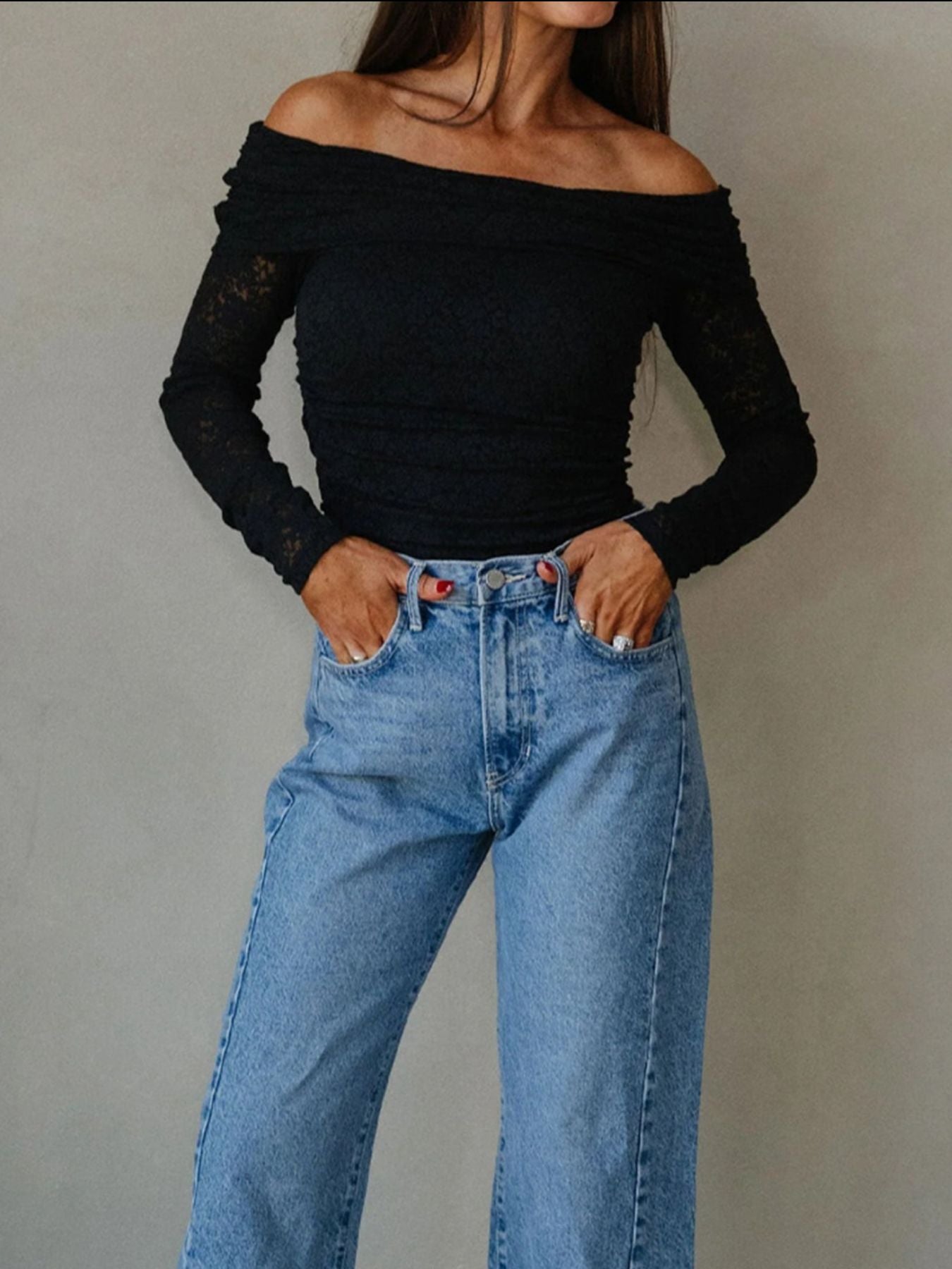 Black lace-embellished off-shoulder slim shirt with long sleeves.