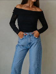 Black lace-embellished off-shoulder slim shirt with long sleeves.