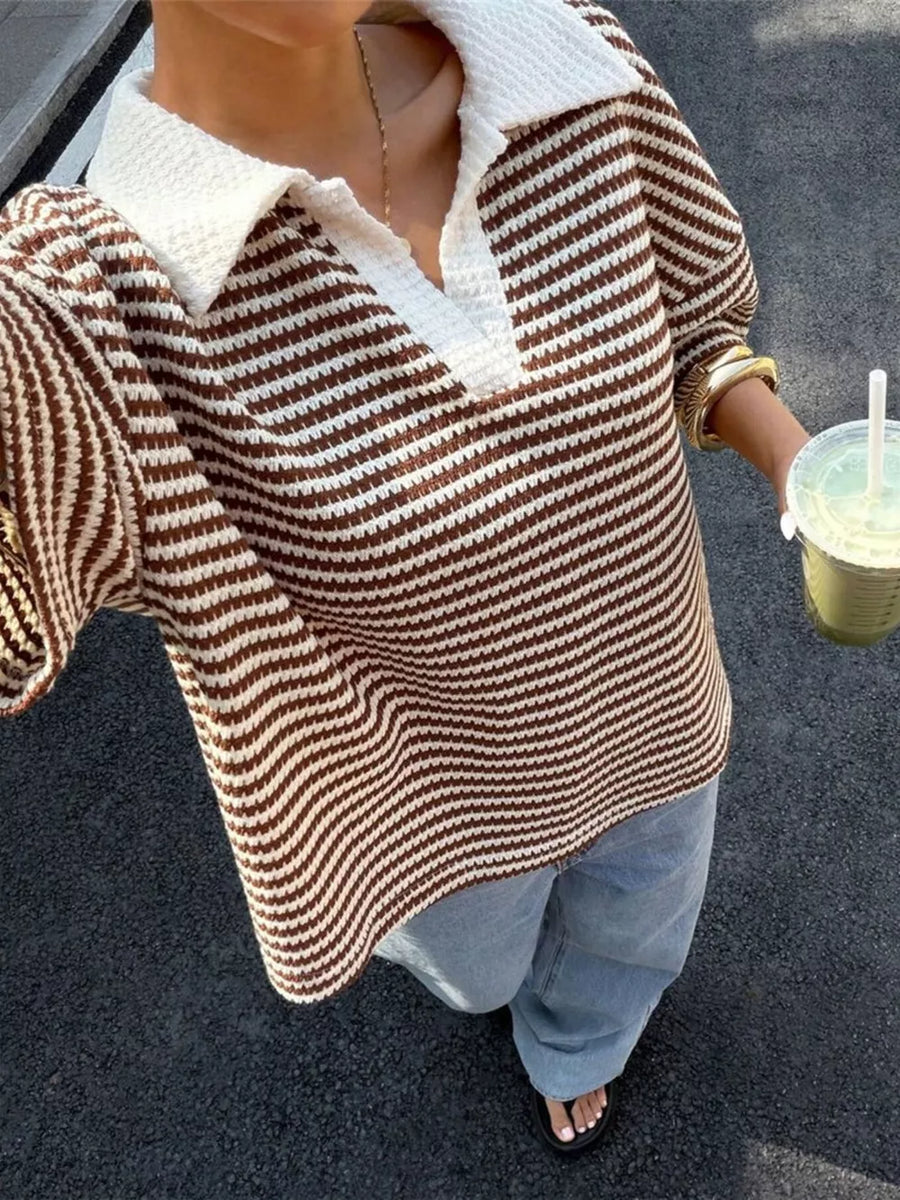 Khaki Striped Knit 3/4 Sleeve Polo Top
