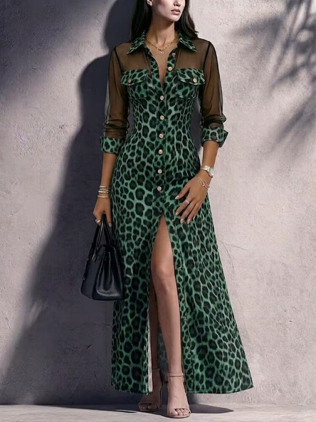 tan maxi dress with sheer and long sleeve