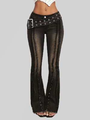 Belted high waist flare jeans in dark wash denim with distressed detailing and a silver buckle.