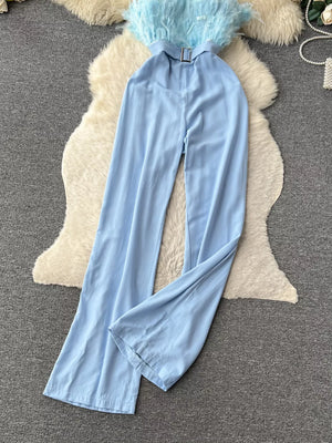 Strapless wide-leg jumpsuit in blue with feather trim and belt detail