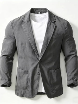 Grey long sleeve blazer with notched lapels, two button closure, and patch pockets, worn over a white t-shirt.