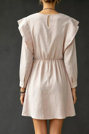 Ruffled Round Neck Long Sleeve Dress in Eggshell