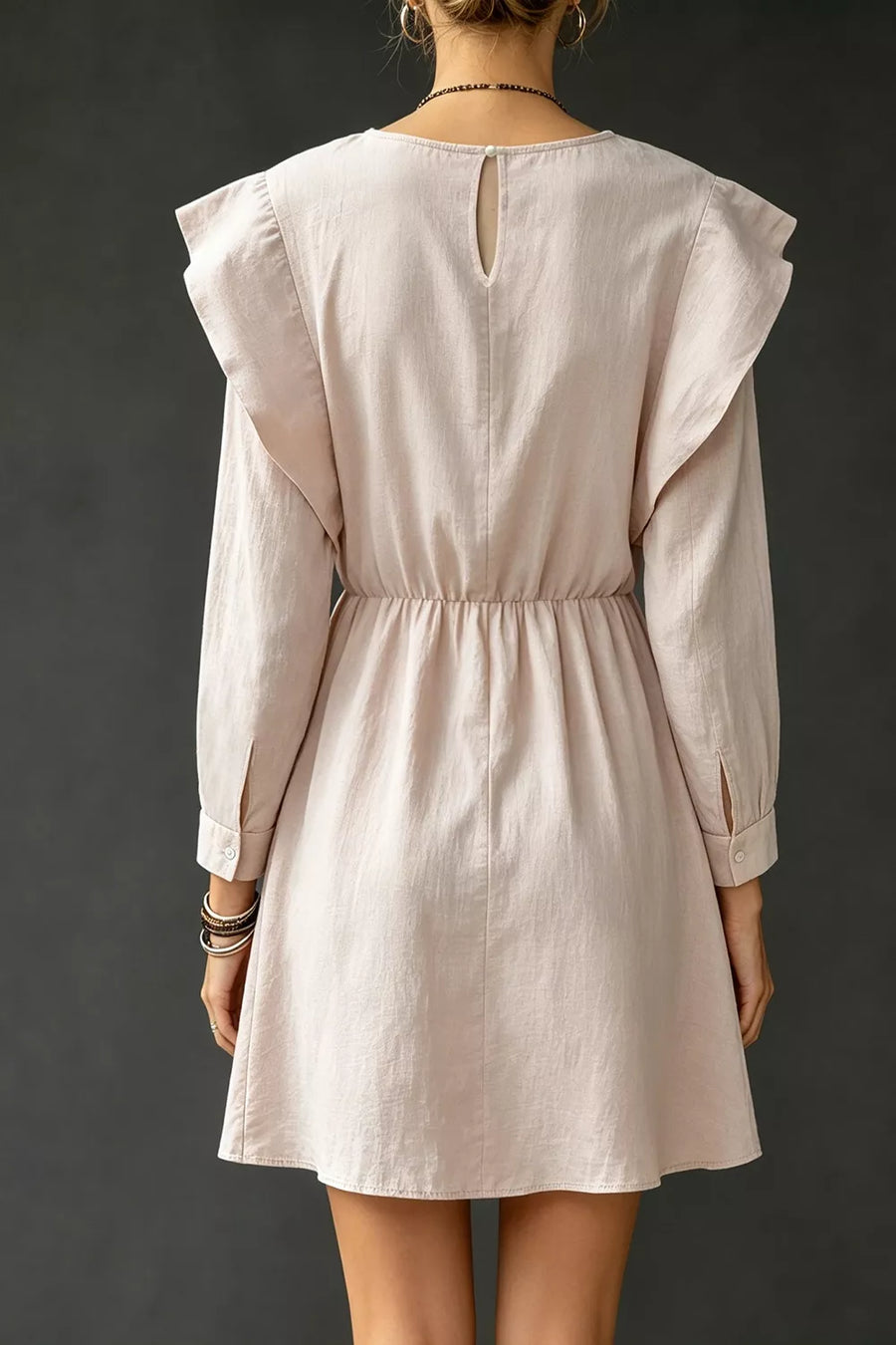 Ruffled Round Neck Long Sleeve Dress in Eggshell